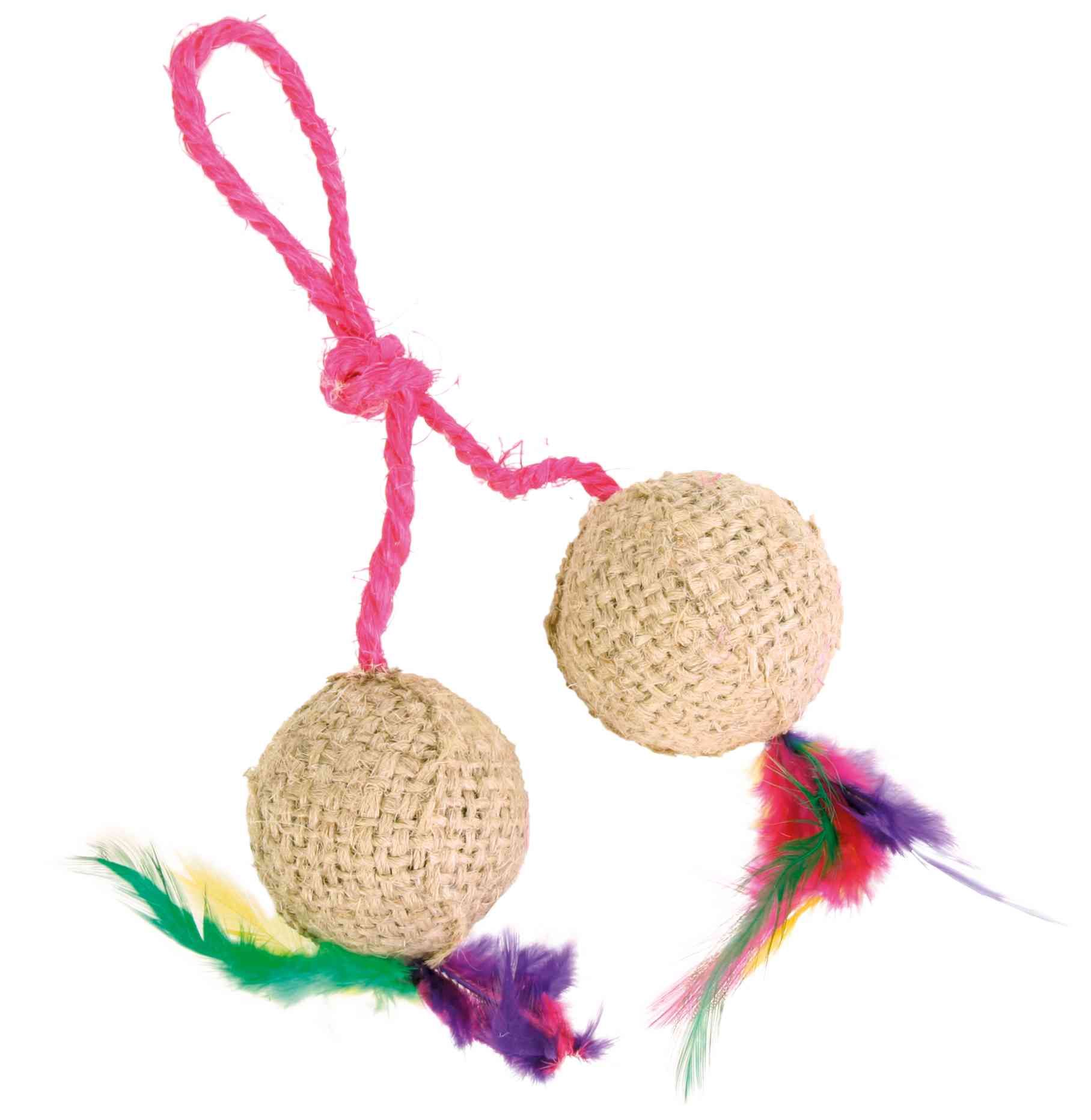 Игрушка для кошки, 2 мячика с перьями на верёвке